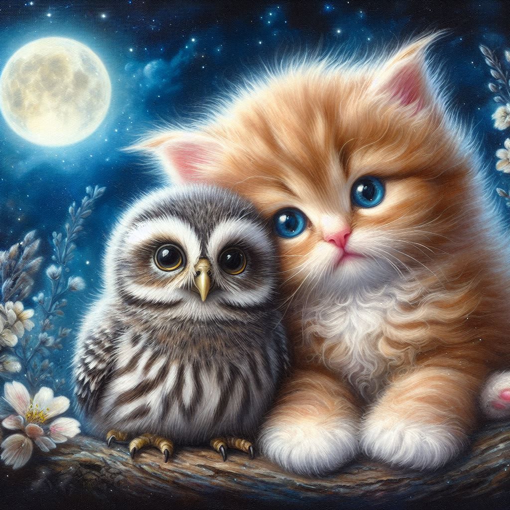 kitten and baby owl. moon