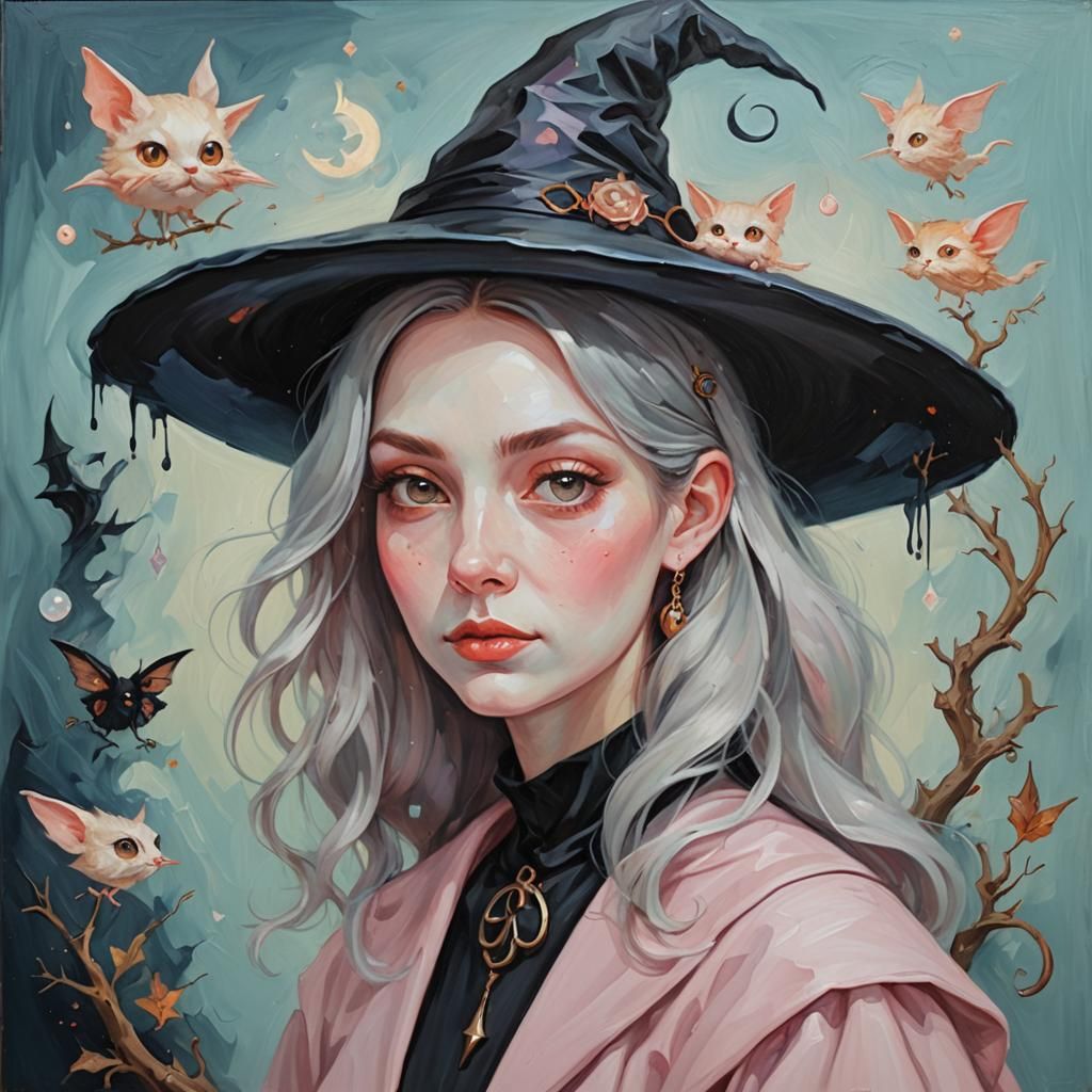 Eclectic Surrealist Fusion Cute Witch Portrait Oil Painting Soft Colors ...