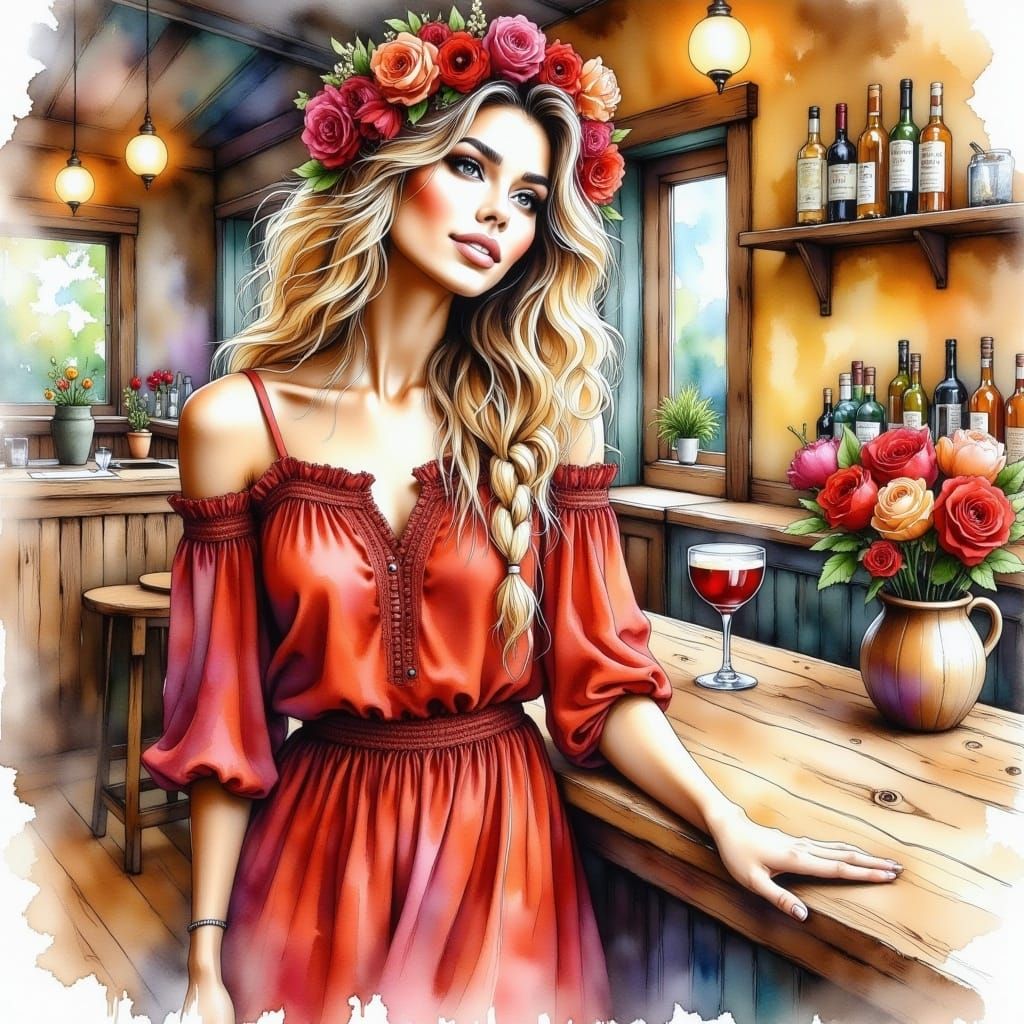 <lora:WatercolorPaintiFlux:1.0> A stunning woman in a red boho style shirt, peplum skirt, blonde hair,Braided Crown with Flowers, leaning ag...