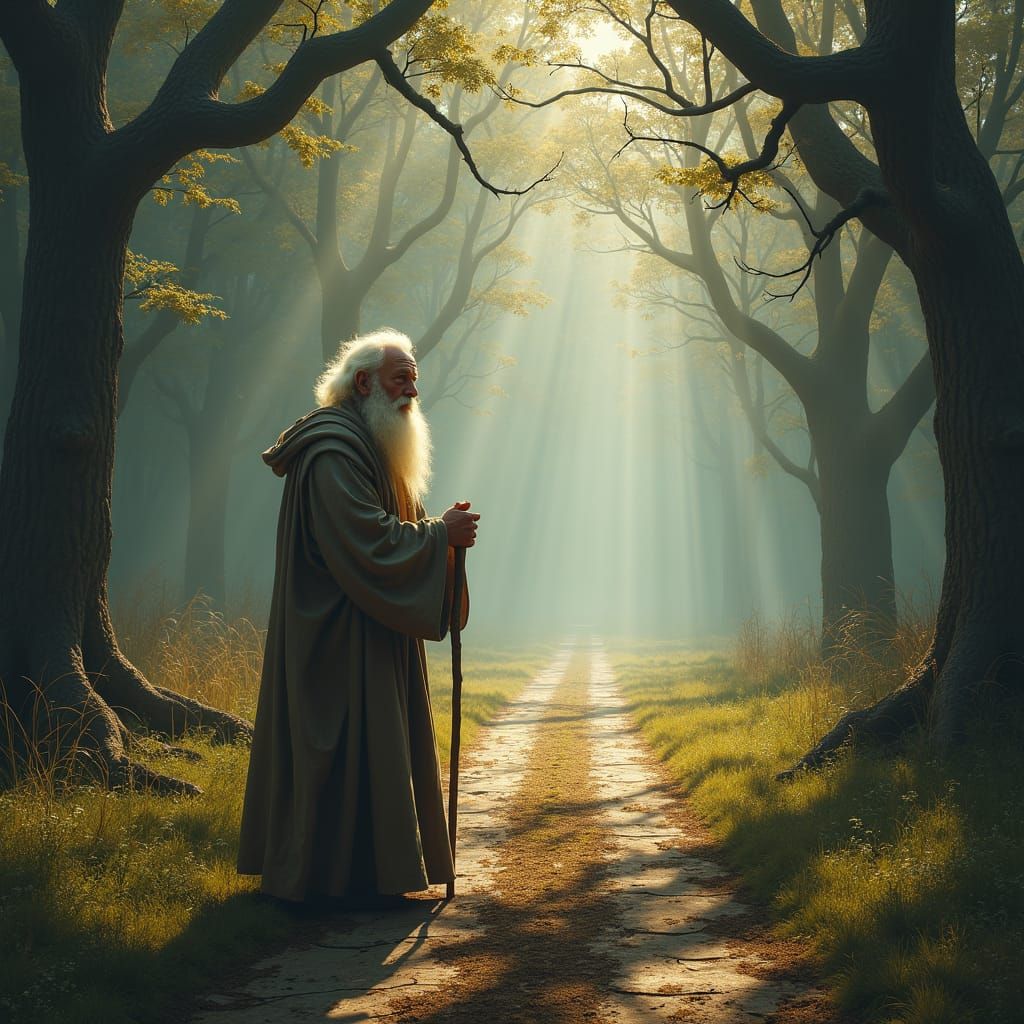 Lost Old Man in Misty Forest Road