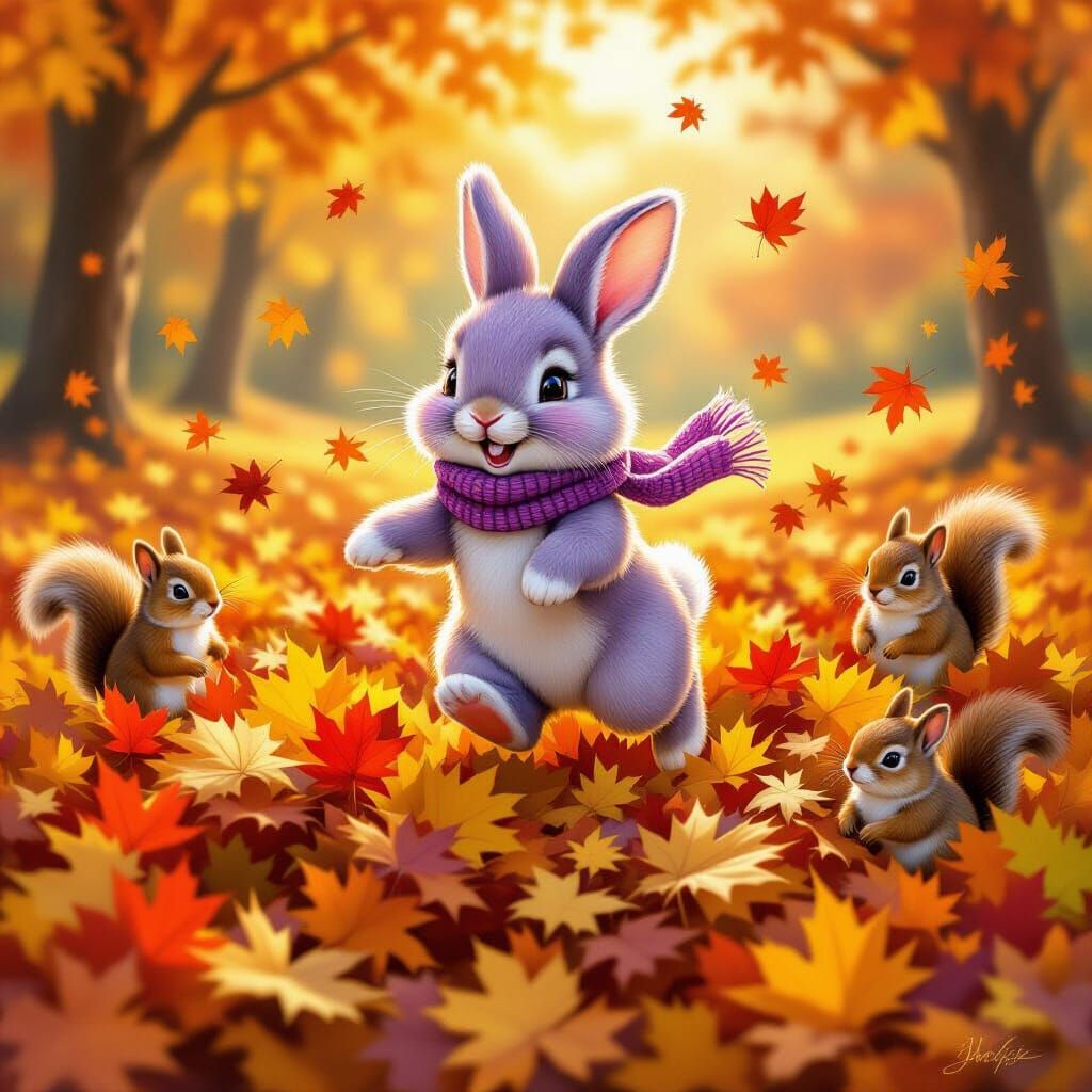 A fluffy purple bunny, wearing a tiny knitted scarf, joyfully leaps into a massive pile of vibrant autumn ...  by @Jose