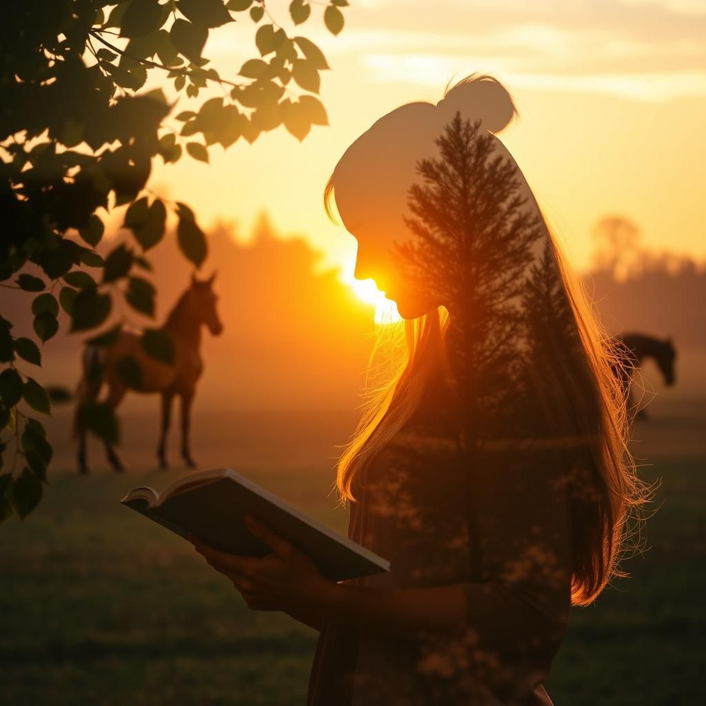 Double Exposure: Woman Reading at Sunrise