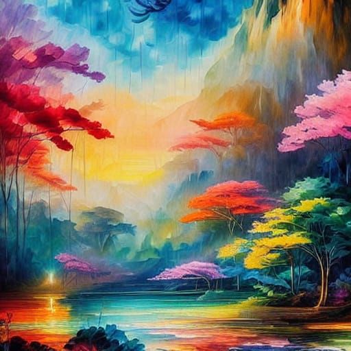 Woman in Hanbok Attire Amidst Blossoming Trees and Sunset