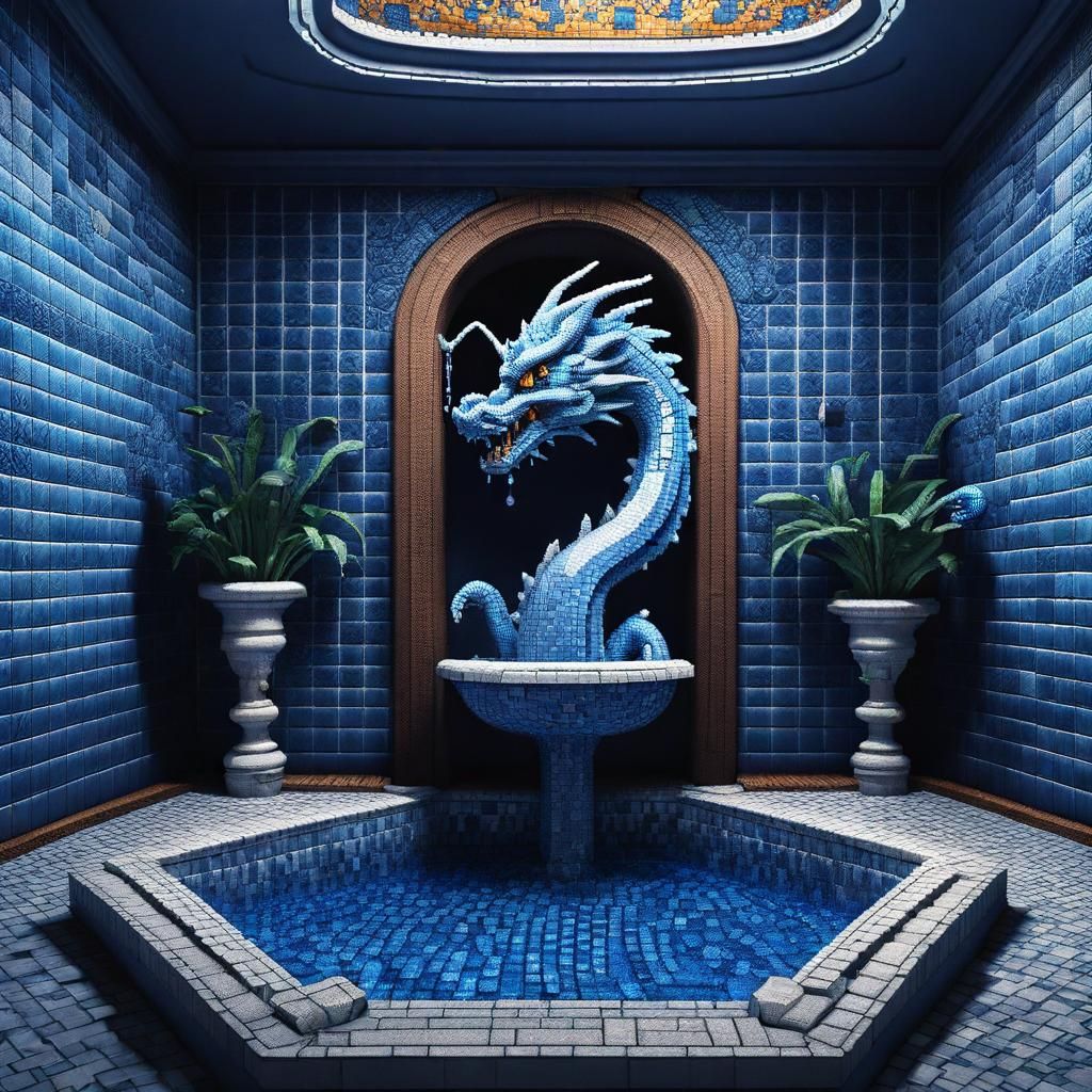 Pixel art blue small room with mosaic tile and fountain comi...