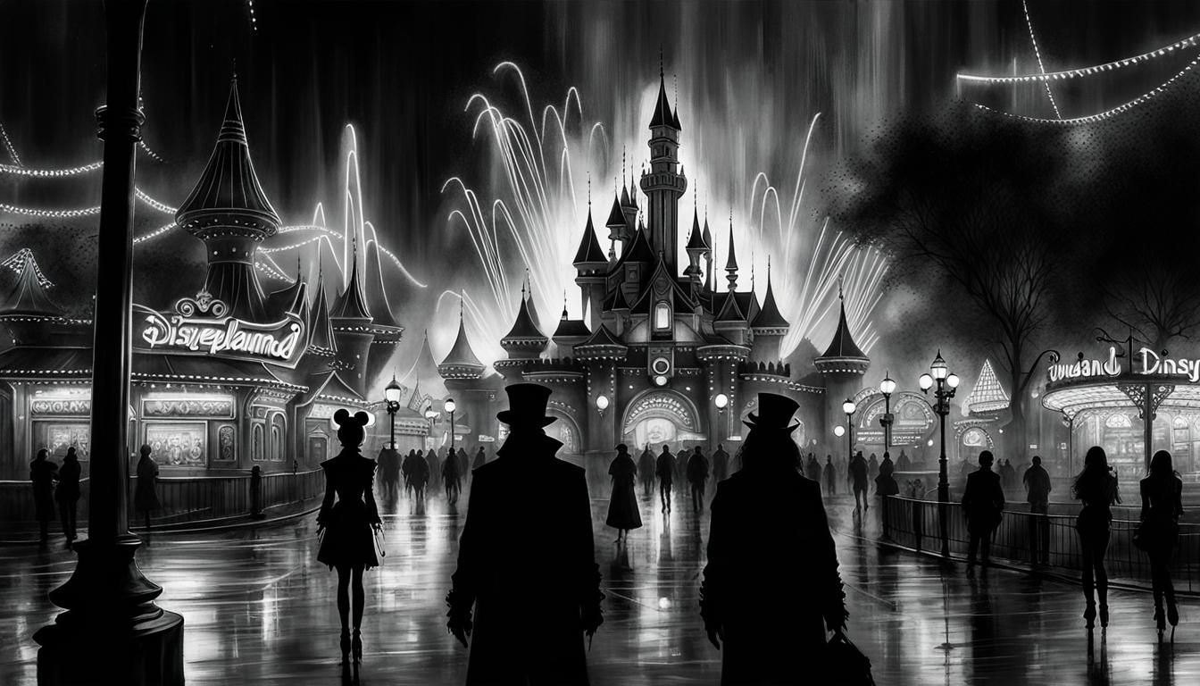 charcoal sketch; urban goth punk; "Disneyland By Night" rain...