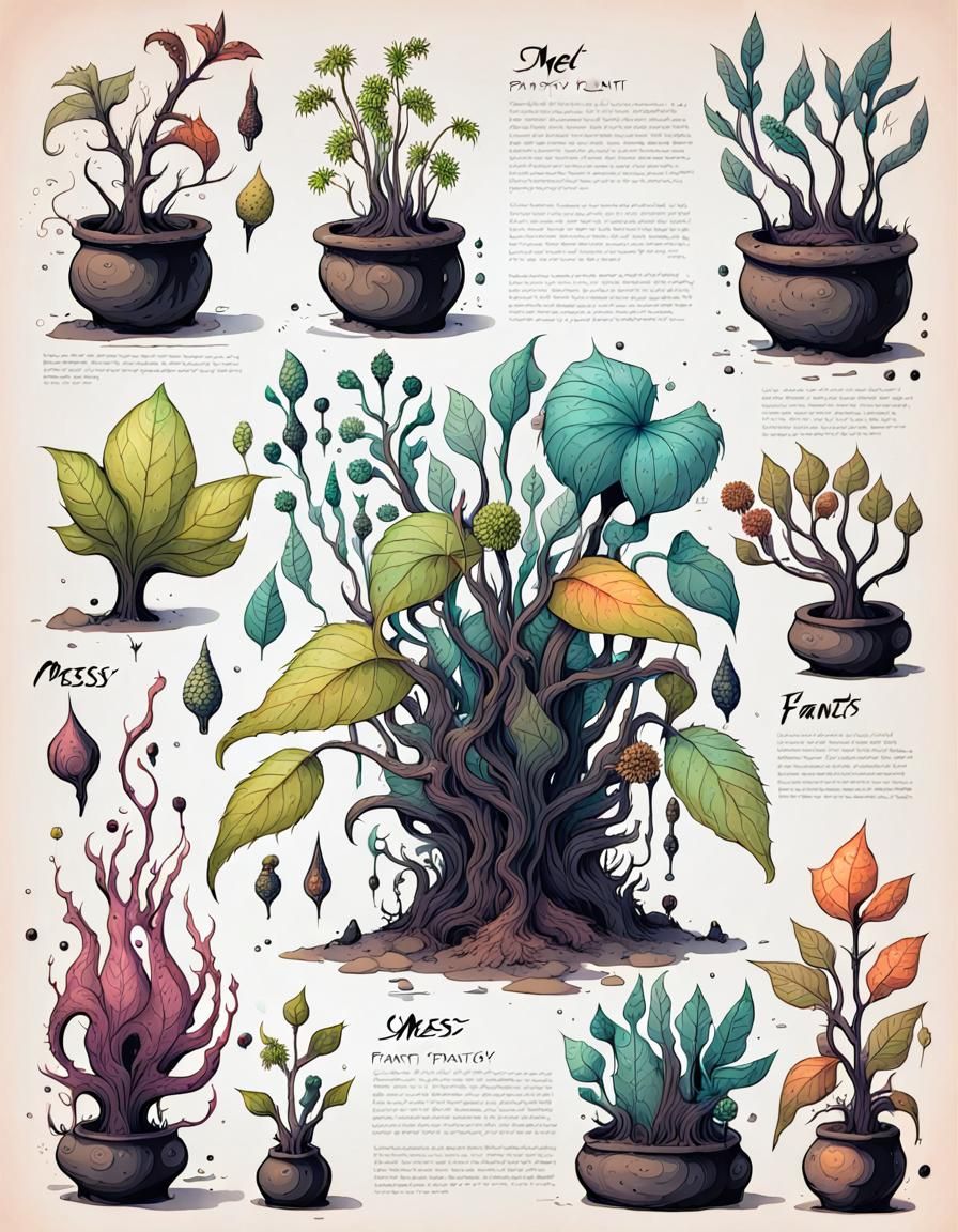information sheet with different weird fantasy plants. messy...