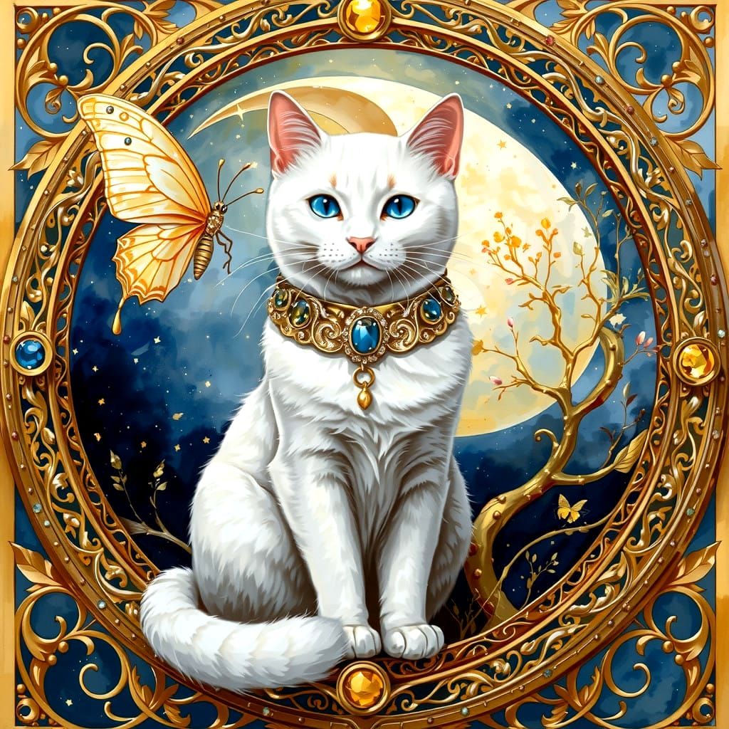 Enchanted White Cat in Whimsical Golden Frame