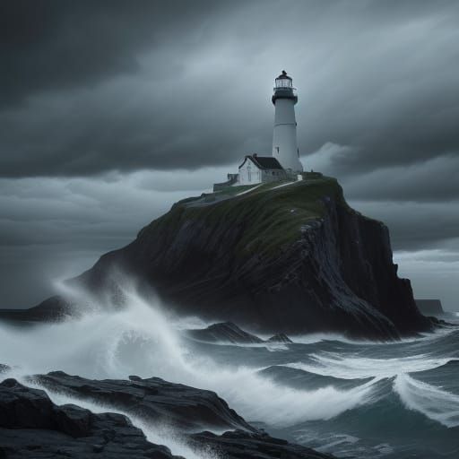 No-theme Thursday. A photorealistic image of a solitary, ancient lighthouse standing on a rocky outcrop, battered by a stormy sea under a dr...