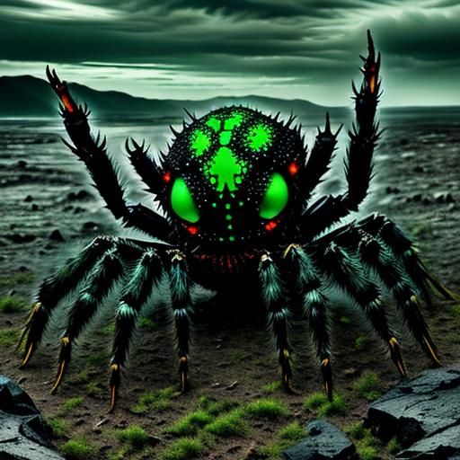 <lora:Darkshaper:1.0> spider crab monster in black and green in a barren black rocky landscape, intricate details, many legs, animal monster...
