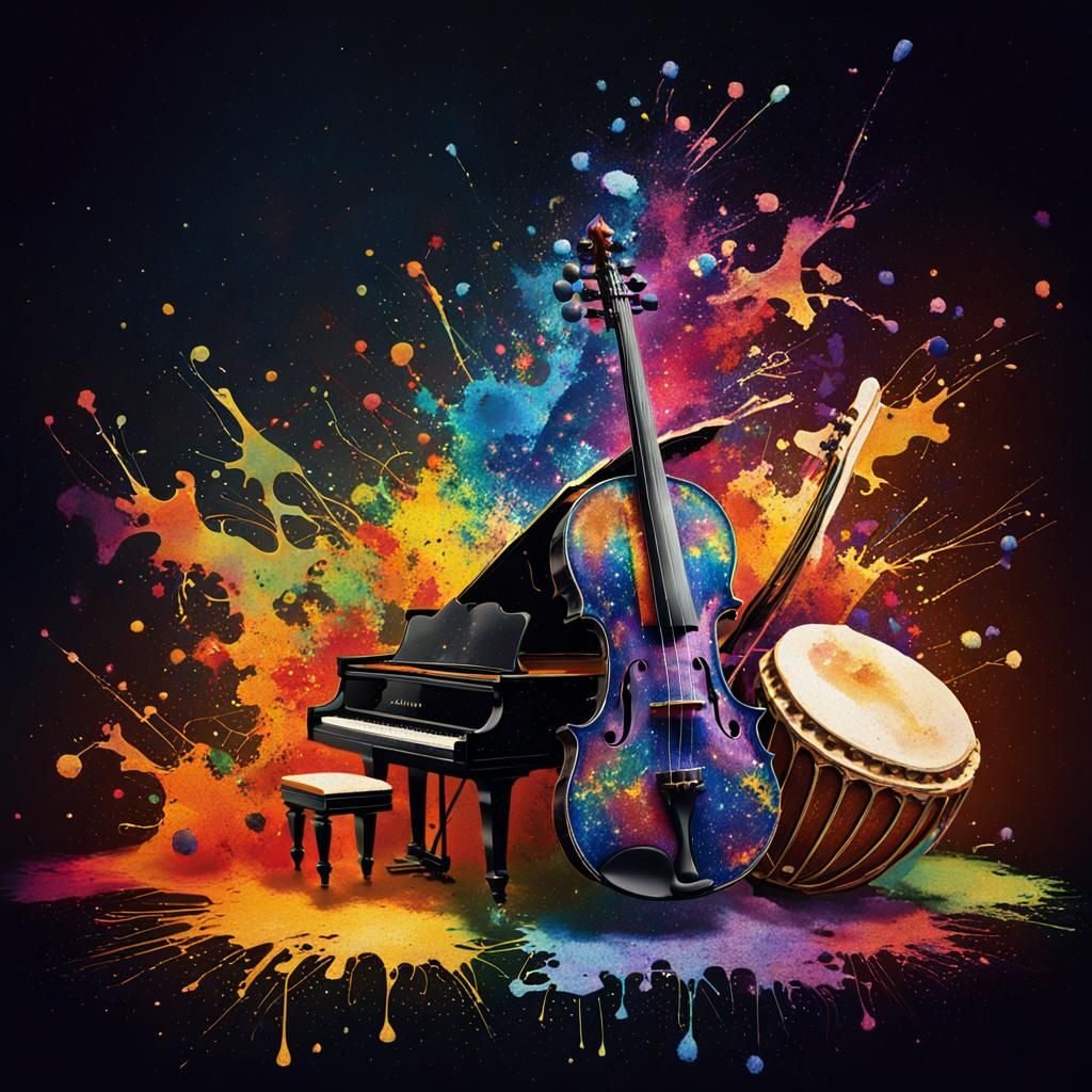 Egyptian Instruments in Vibrant Splatter Art