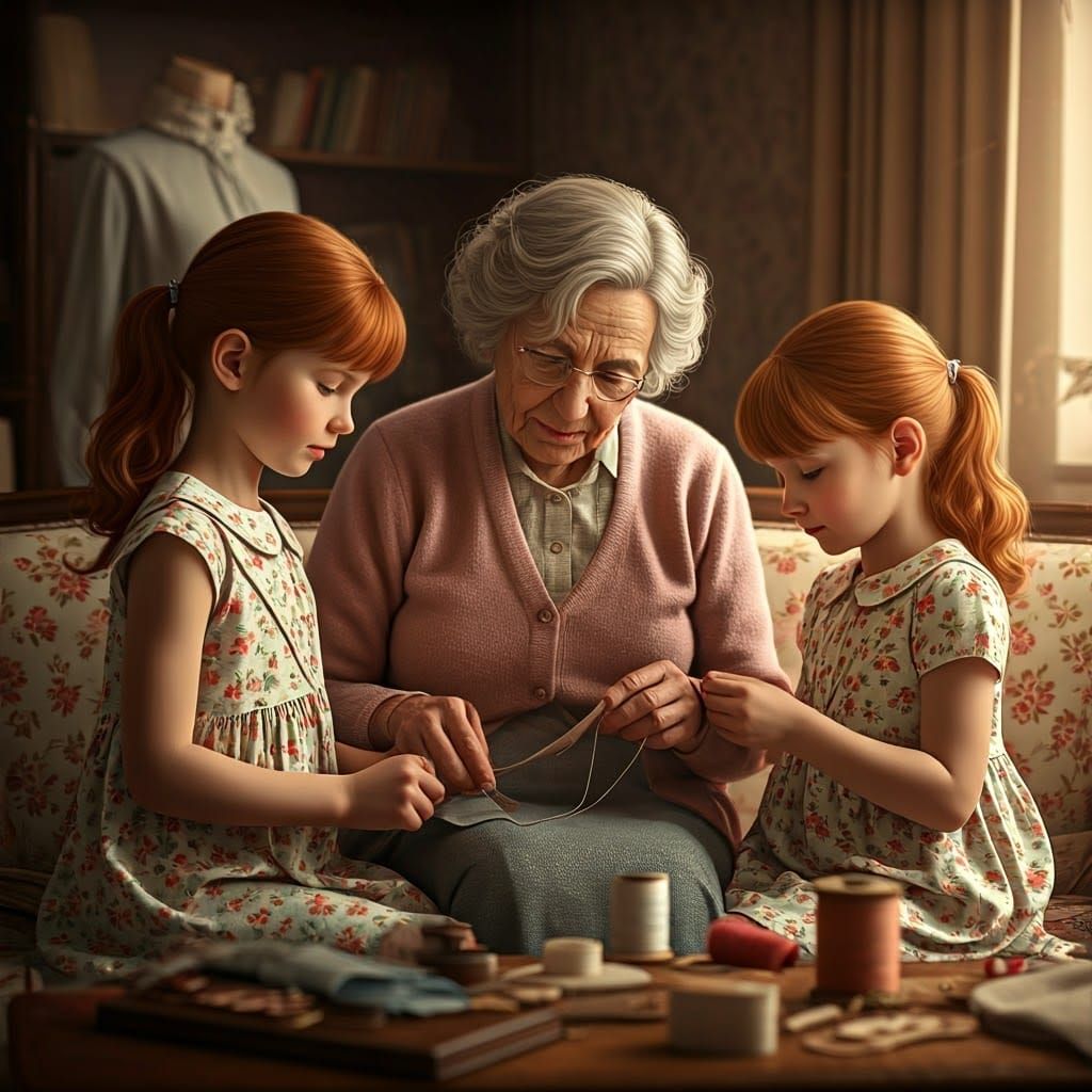 A serene and peaceful scene of a grandmother sitting on a floral sofa with her two very young granddaughters, ...  by @Freedomlass