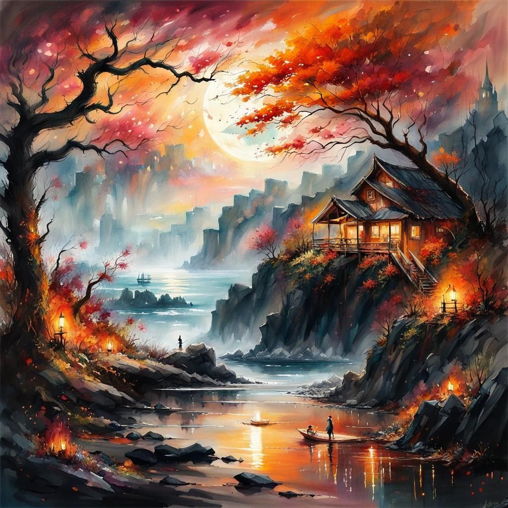 "Whimsical Cliffs and Rivers": A colorful dreamscape
  by @Artless