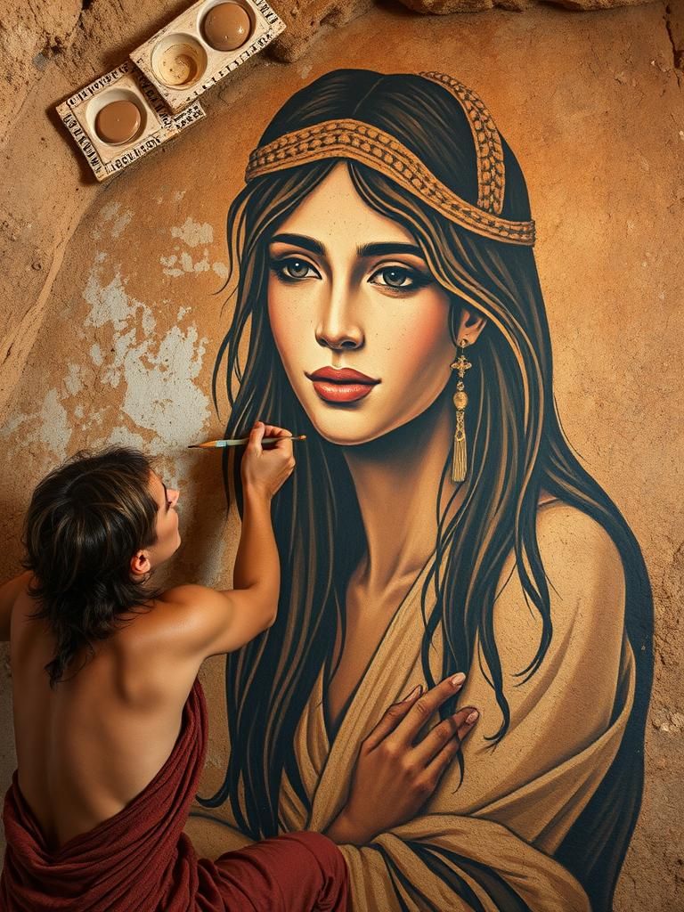 Ancient Cave dweller painting a large realistic portrait of ...