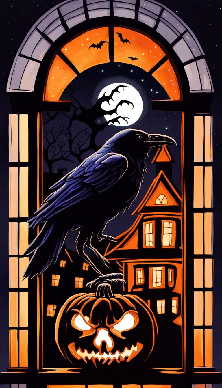 Intricate Raven Skull Jack-o'-Lantern Under Starry Sky
