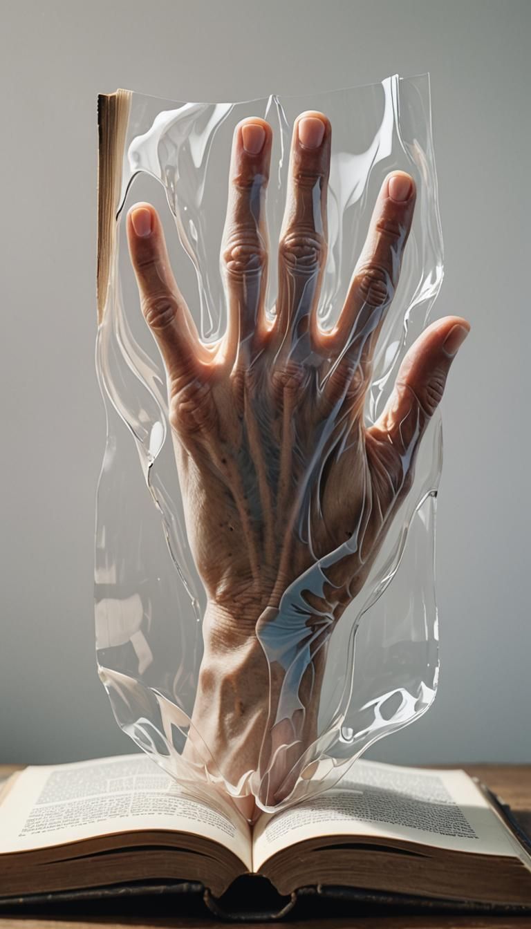 realistic portrait of a translucent hand leafing through a b...