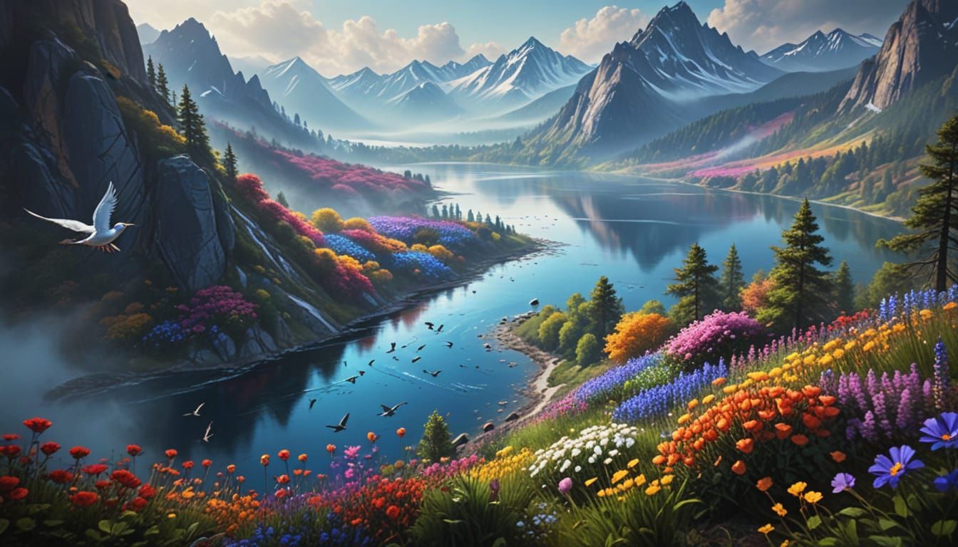 birds eye view of a mountain valley with lake, trees growing around the base of the mountains, patches ...  by @Ed Evans