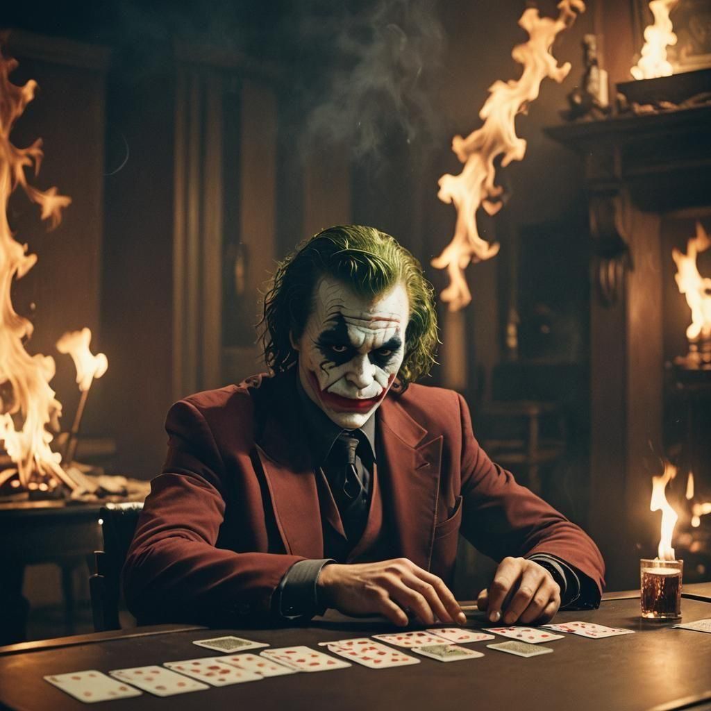 joker alleine am tisch poker karten ernster blick 4k wallpaper feuer mit karten im hintergrund 
