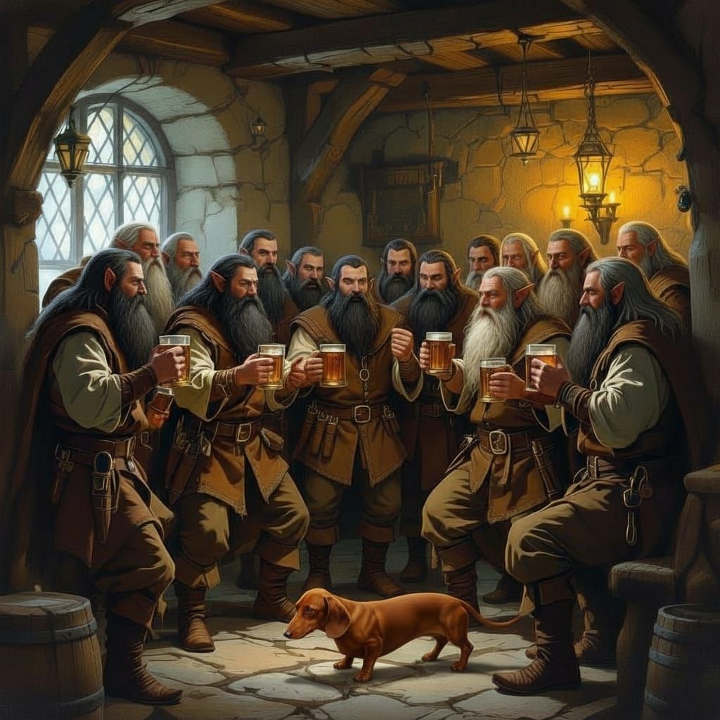 Two dozen elvish looking men that are half the hight of a human. The little men are wearing brown clothes. All the little men have beards. 
...