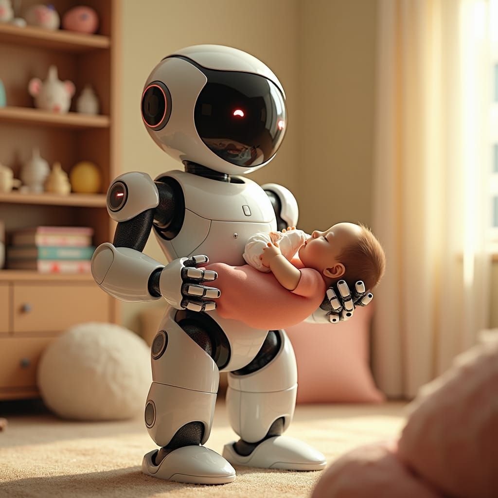 A futuristic, humanoid nanny robot designed to care for chil...