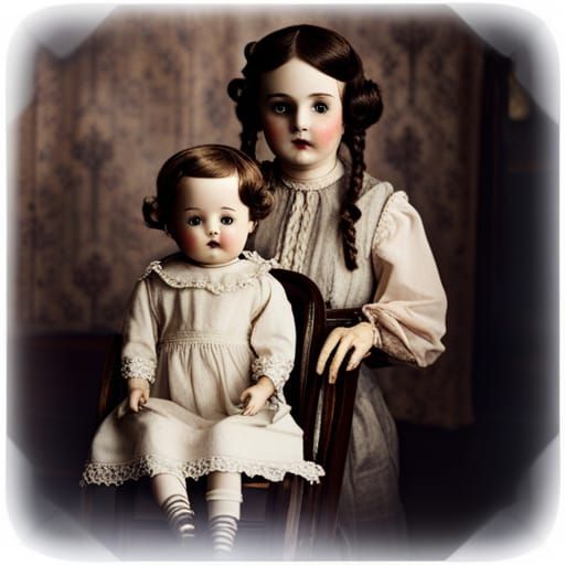 Creepy antique porcelain dolls, antique pram, dark bedroom, ...
