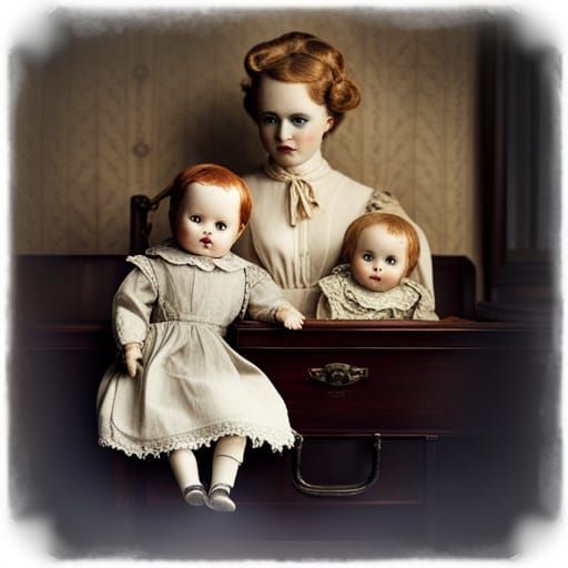 Creepy antique porcelain dolls, antique pram, dark bedroom, ...