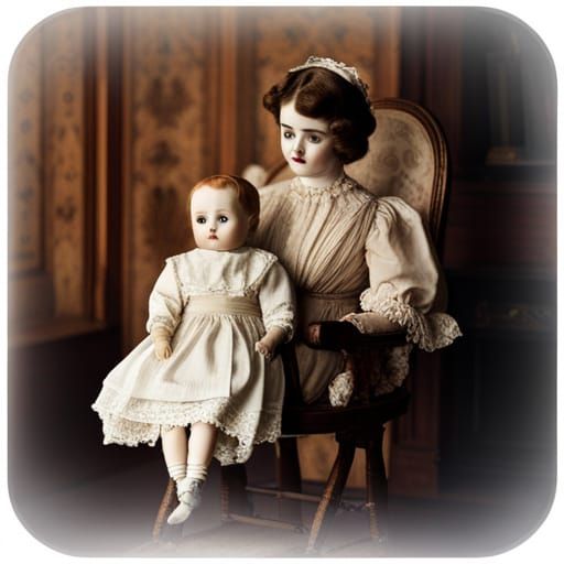 Creepy antique porcelain dolls, antique pram, dark bedroom, ...