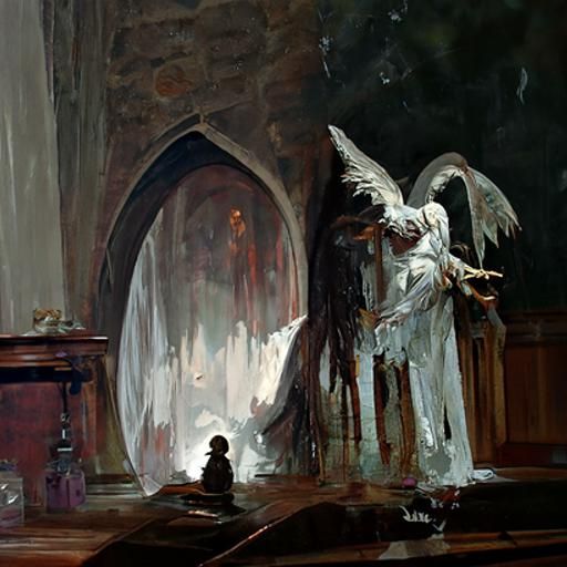 Angel with arched wings praying at a dark altar