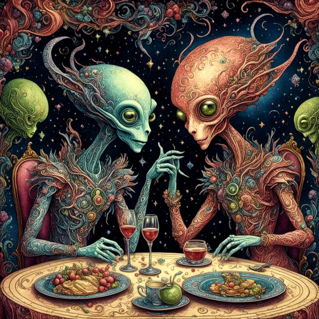 Two aliens on a date in a fancy restaurant. <lora:Surreal fantasy:1.0> 