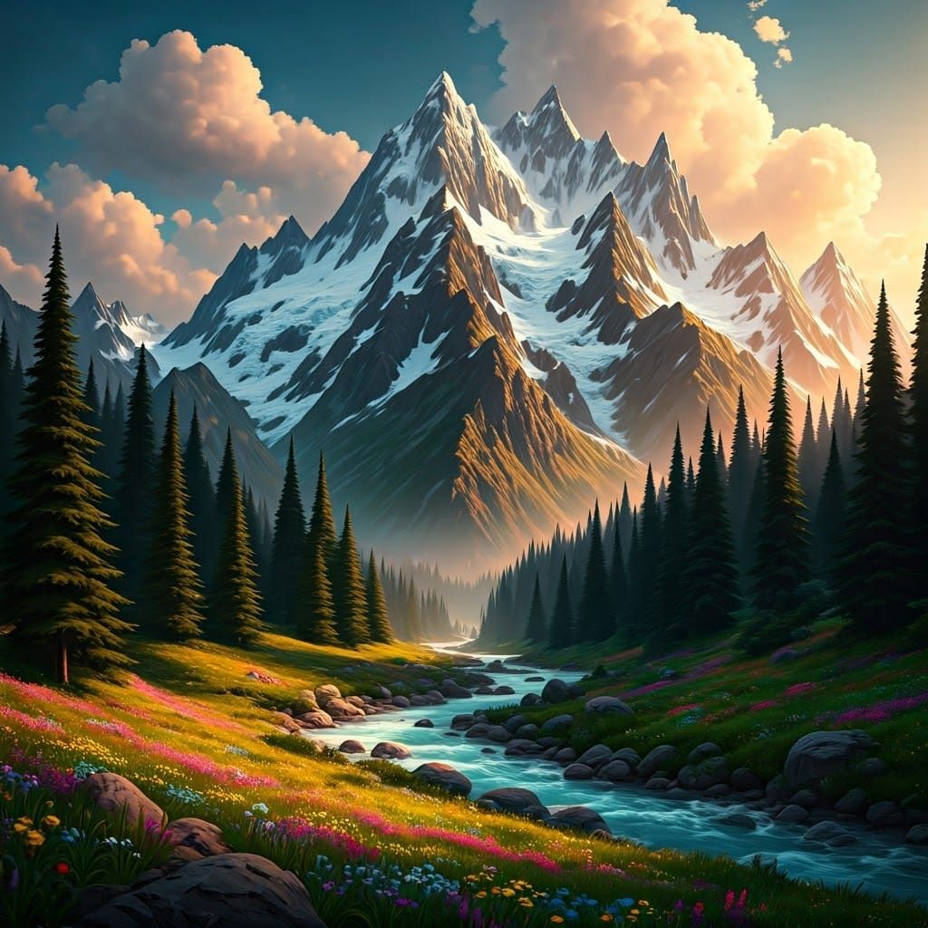 Majestic Mountain Range at Sunset in Fantasy Style