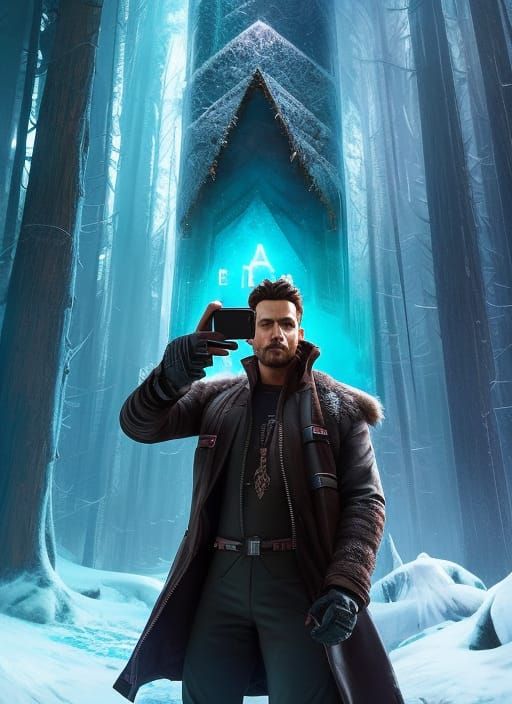 Insanely detailed photograph of an elaborate strong male cyber time traveller male taking a selfie in ... false