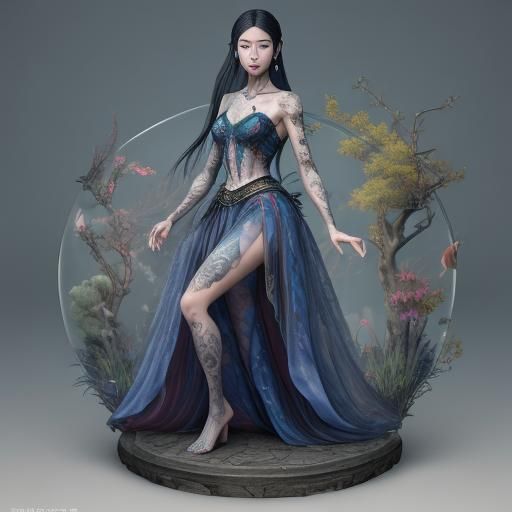 Tattooed Model in Transparent Skirt: Surreal Matte Painting