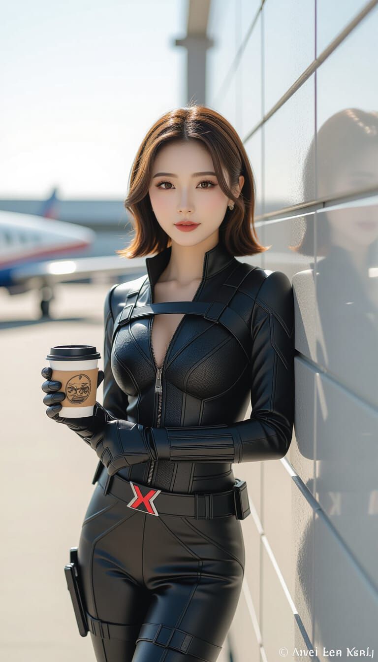 Anime-Inspired Woman in Black Widow Costume at Airport