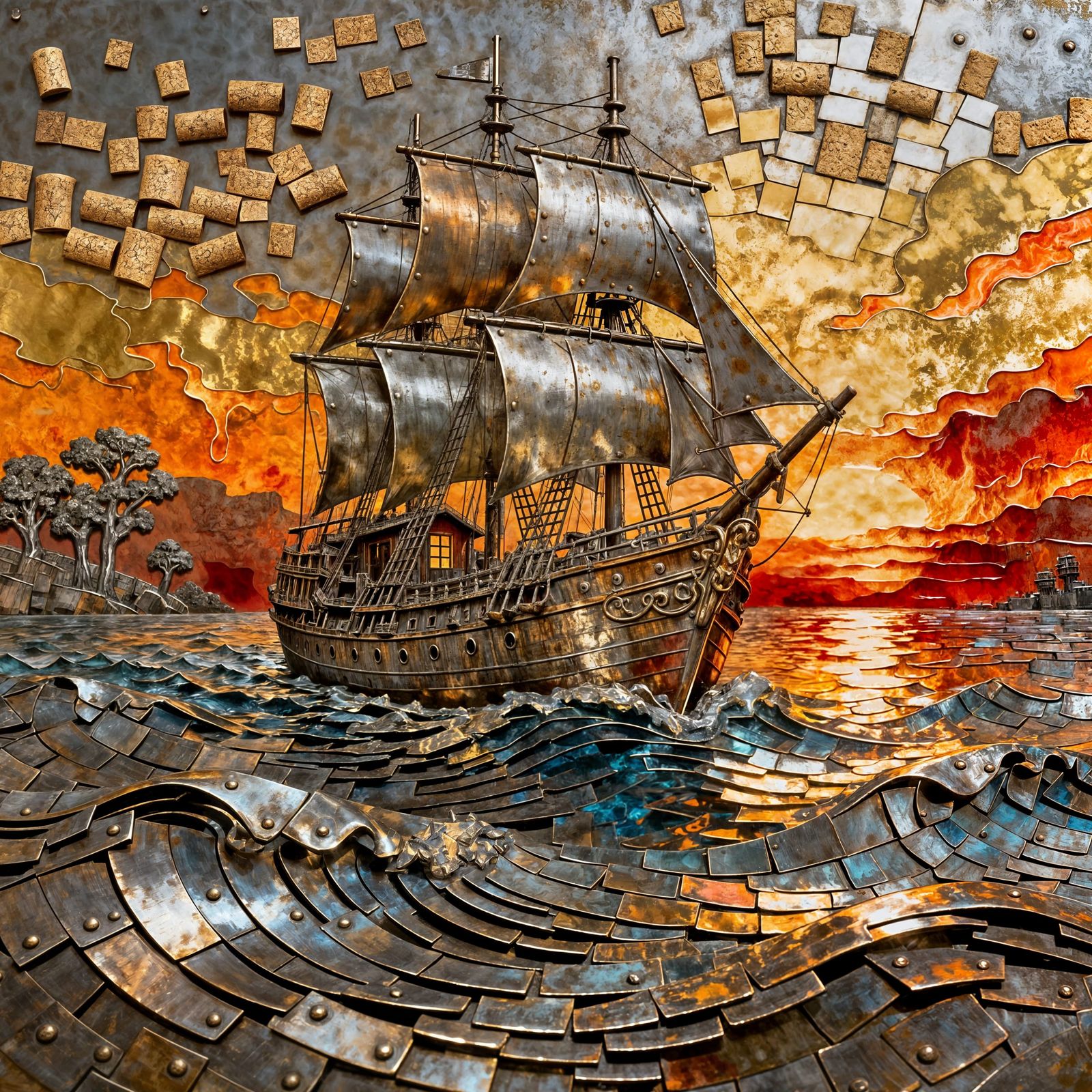 Embossed Metal Relief: Galleon on Iron Sea at Sunset