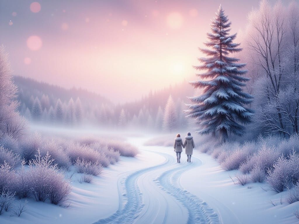 Ethereal Winter Landscape with Loving Couple at Sunrise