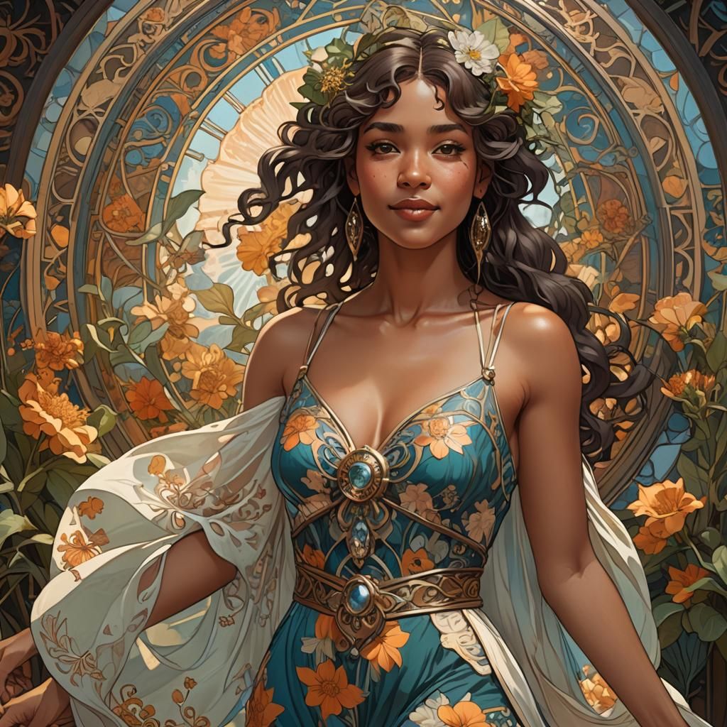 Biracial woman with Alphonse mucha style, woman is wearing a...