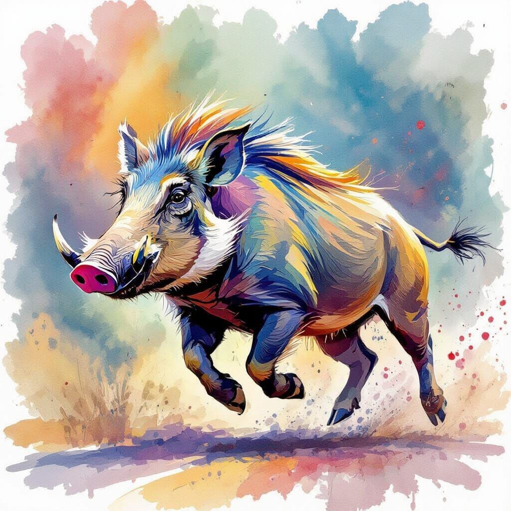 colorful running warthog painting from full side view


