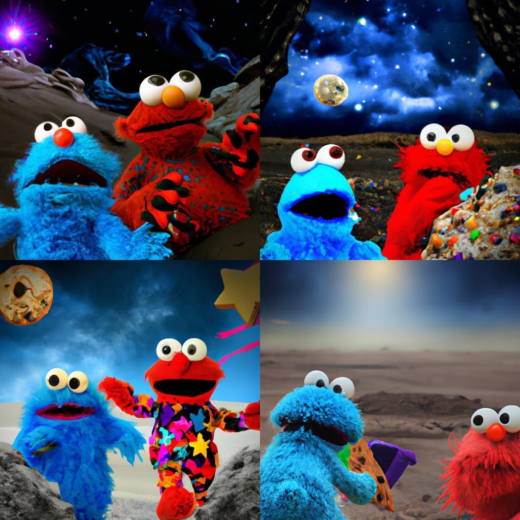 Cookie monster and elmo invading an alien planet