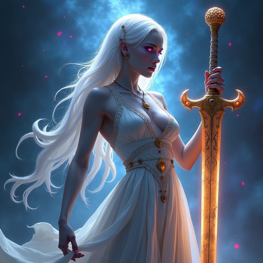 A captivating hyper-realistic fantasy splash art featuring a Drow priestess of Eilistraee. Her dark gray skin and pink eyes contrast with he...