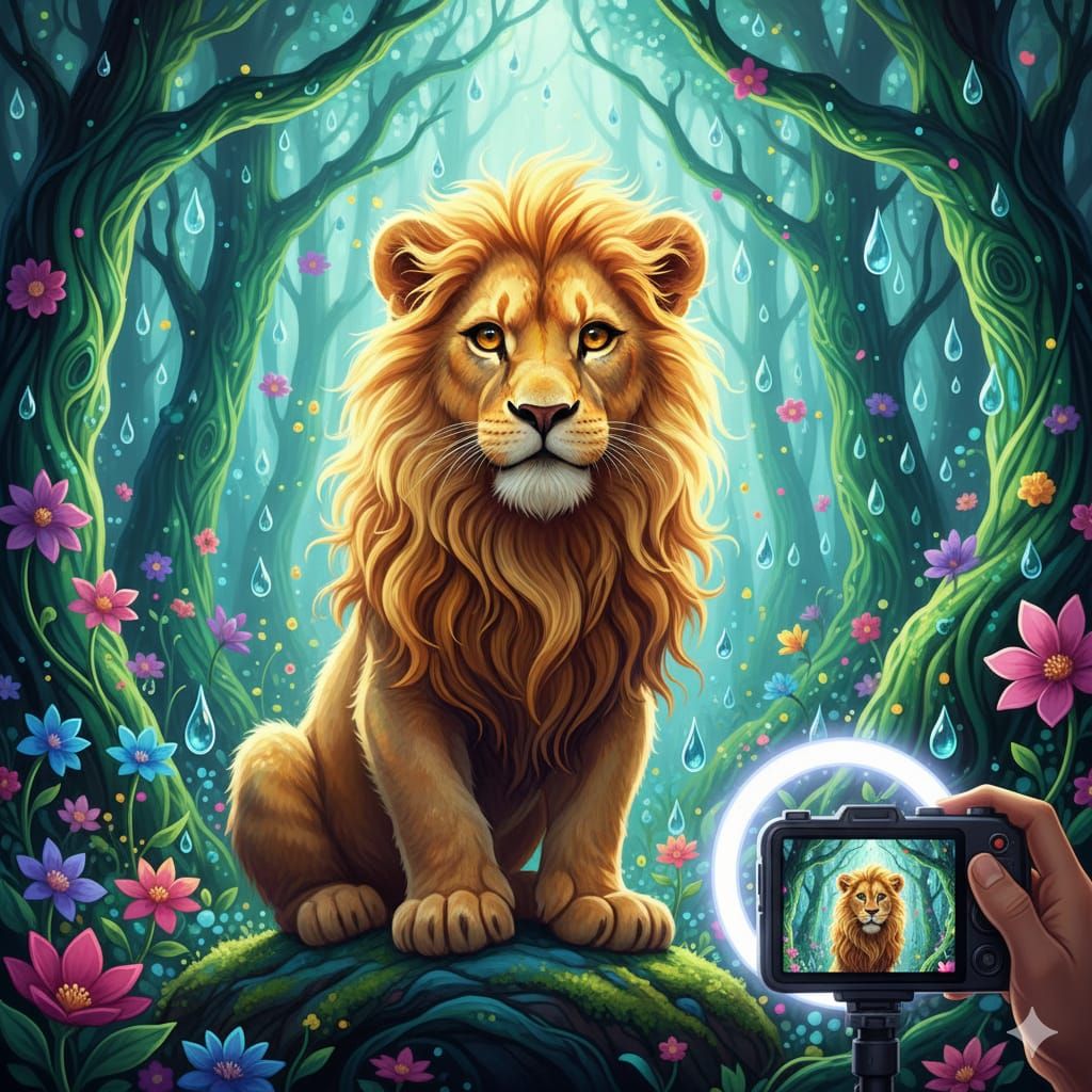 Golden Lion Cub in Liquid Emerald Forest
