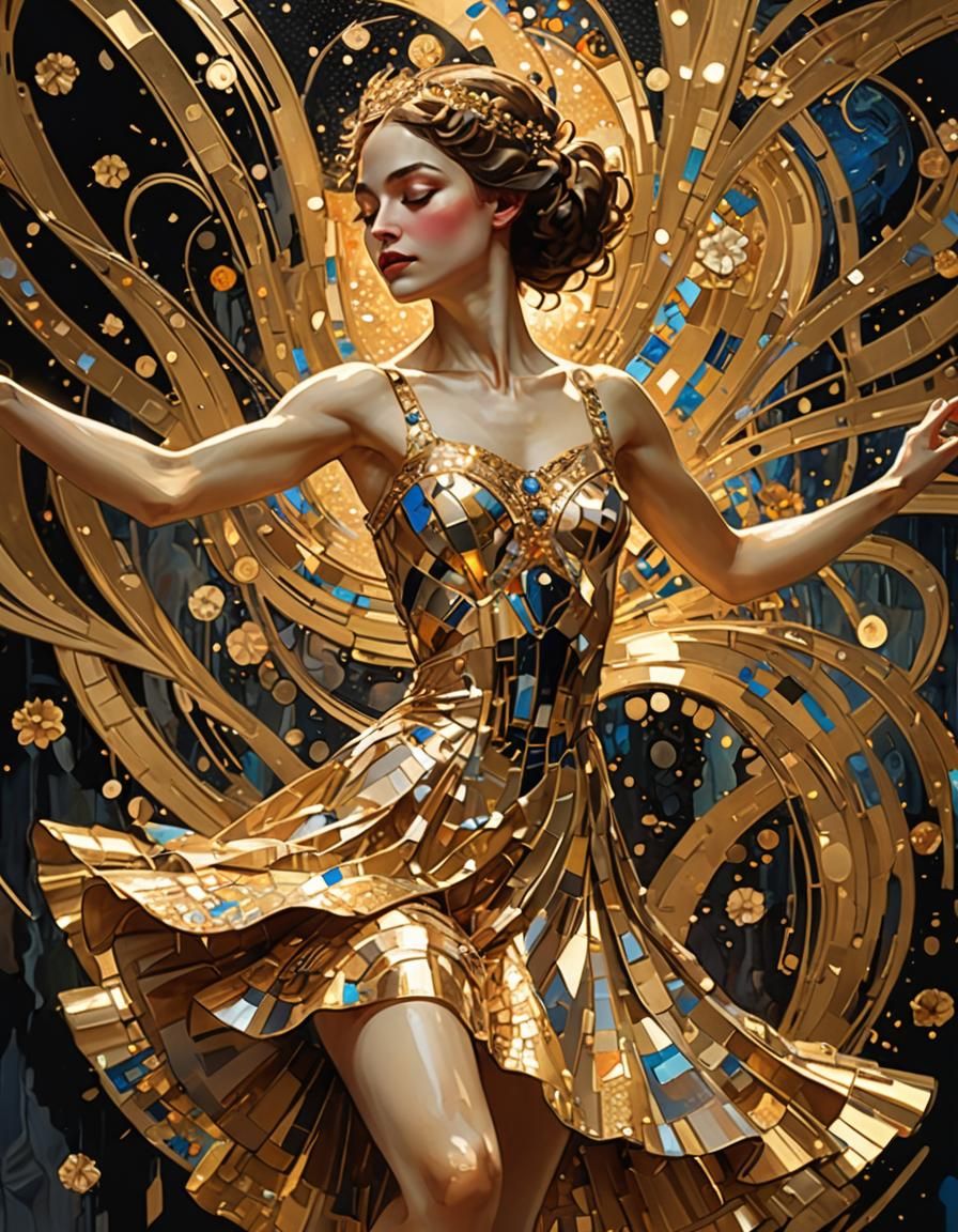 Gustav Klimt gold flake, painted portrait art deco of a danc...