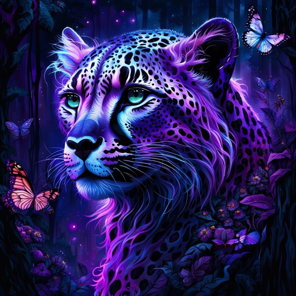 Luminous Purple Cheetah in Enchanted Rainforest