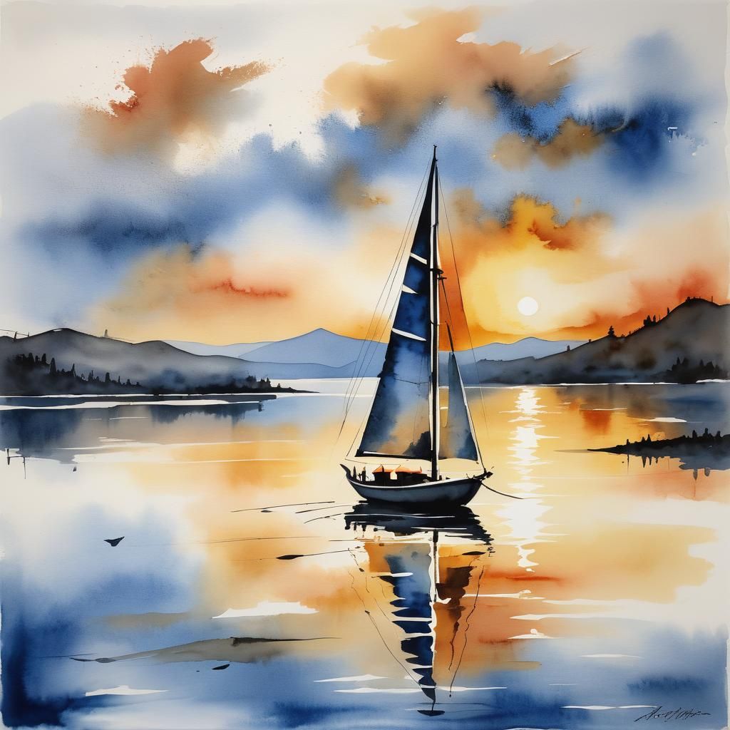 sail boat on a lake at red copper sunset