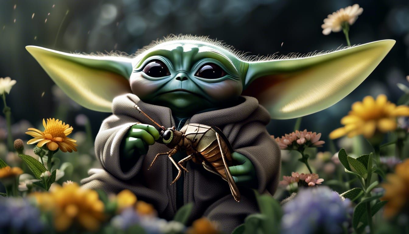 A super happy obese baby Yoda eating a dragonfly, in flowers, Dragonfly ...