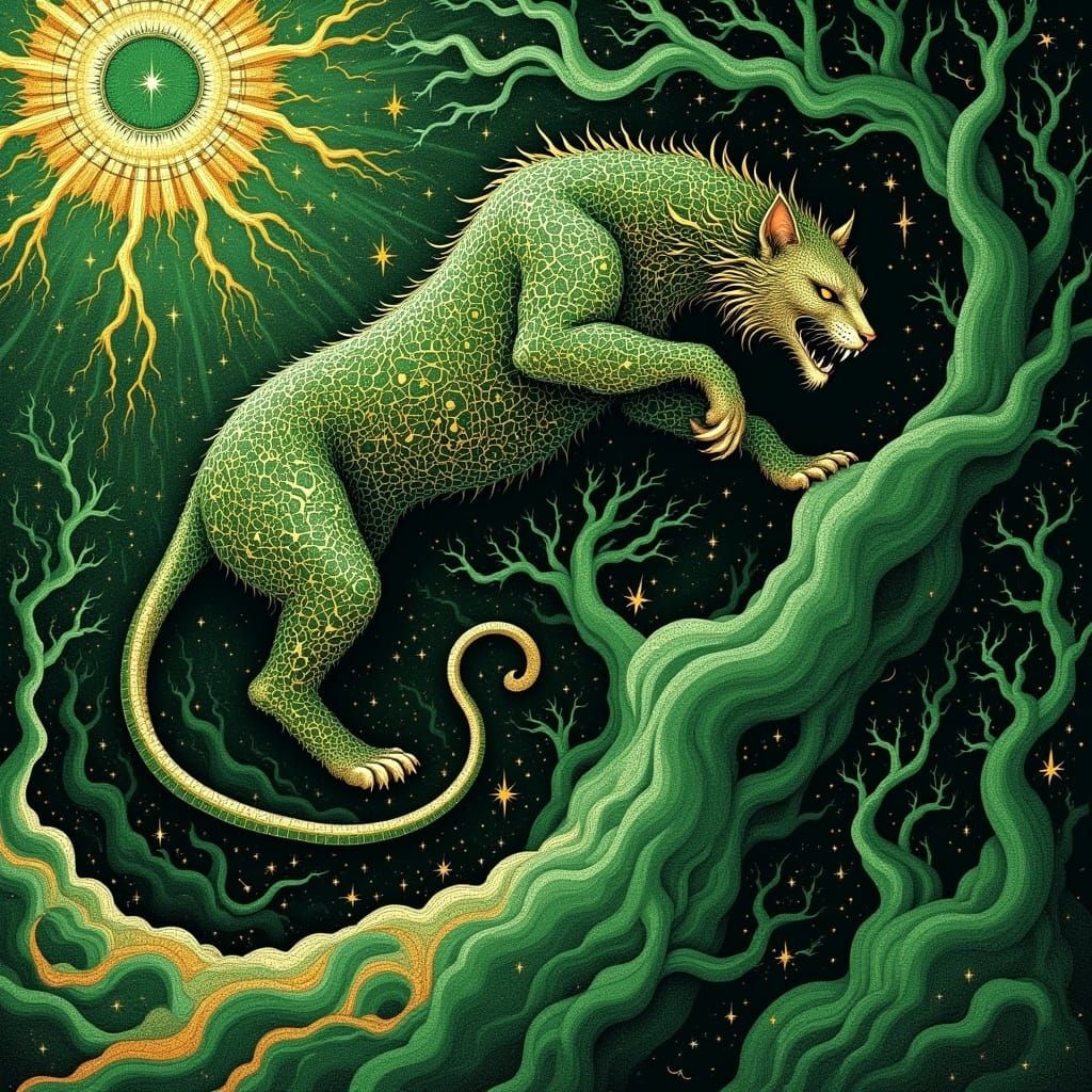 jade panther, sphériques abstract vector fractal, wave function, 3d shading, dark green and golden <lora:Goddess:1.0> 