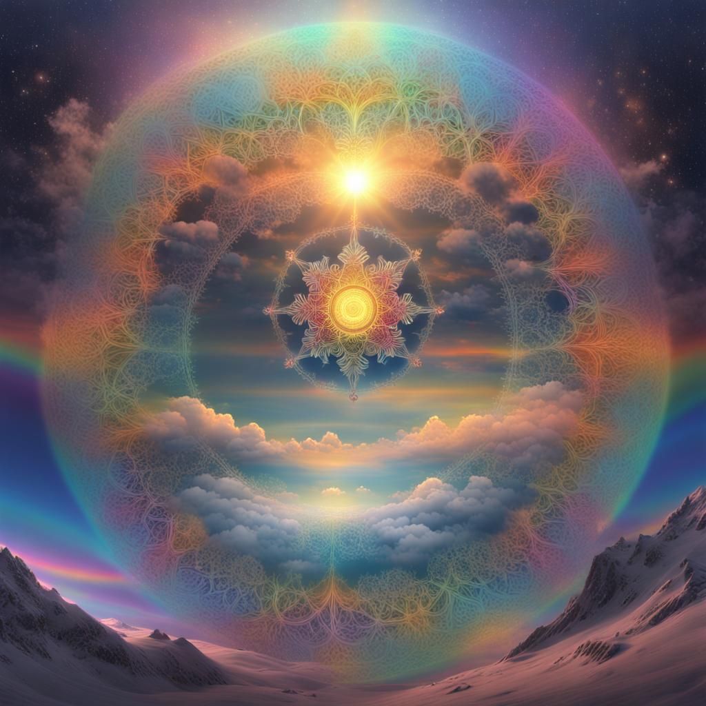 Mystical Heaven with Fractal Rainbow Snowflakes