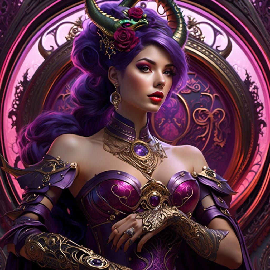 <lora:Romantic dragon:1.0>  a stunning cinematic and intricately designed abandoned heavy armored steampunk filigree-red violet duo chrome h...