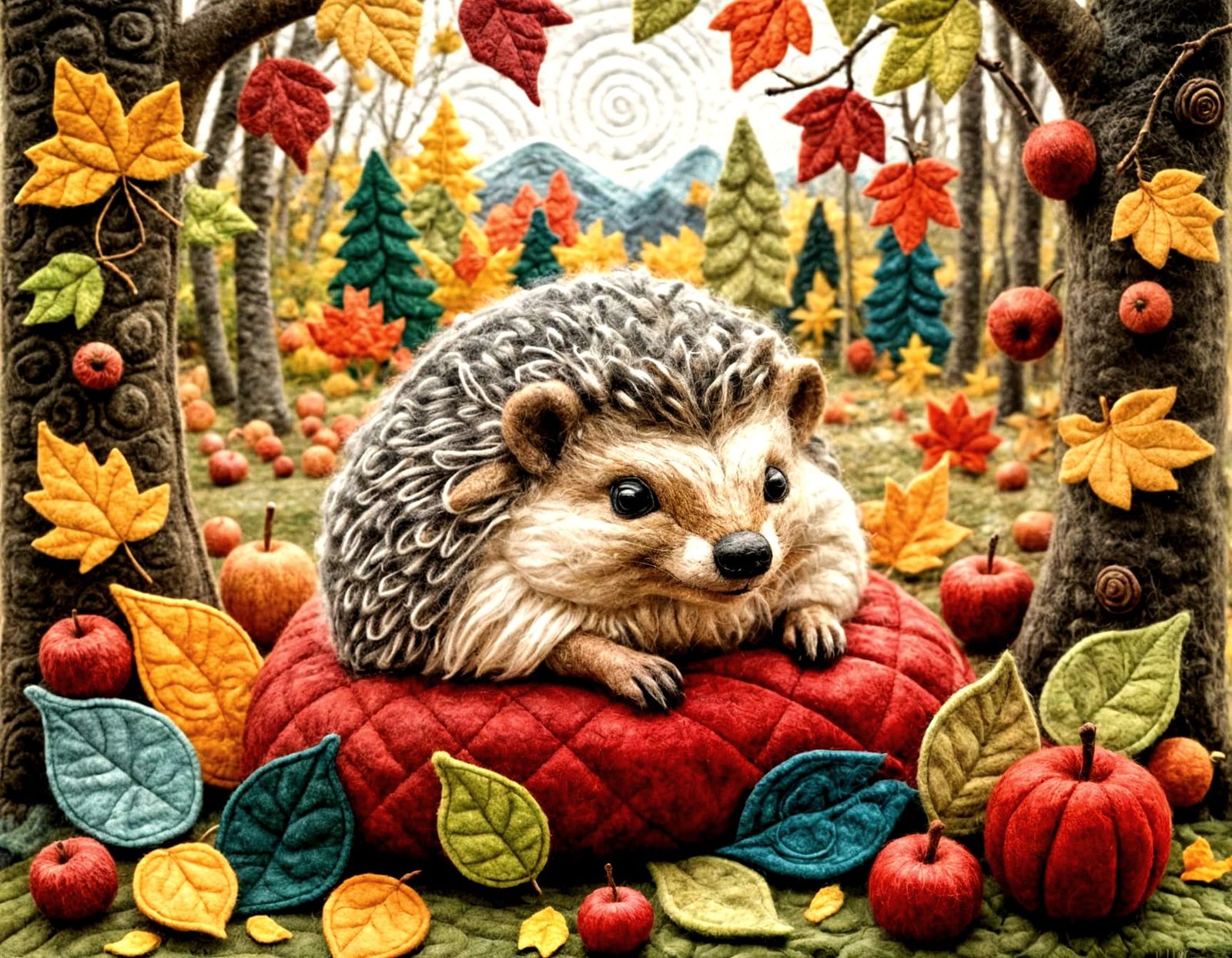 HEDGEHOG smiling at APPLE chilling out in LEAVES, layered fabric (open prompt)  by @Lykos Nyx
