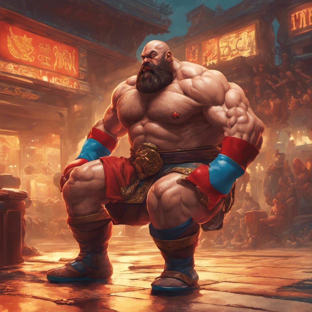 Zangief from Street Fighter ; triadic colors ; 8k resolution...