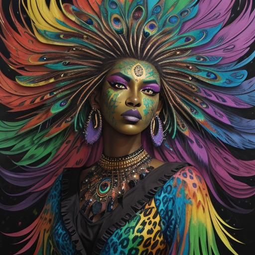 Beautiful dark brown skin woman colourful rainbow dragon scales