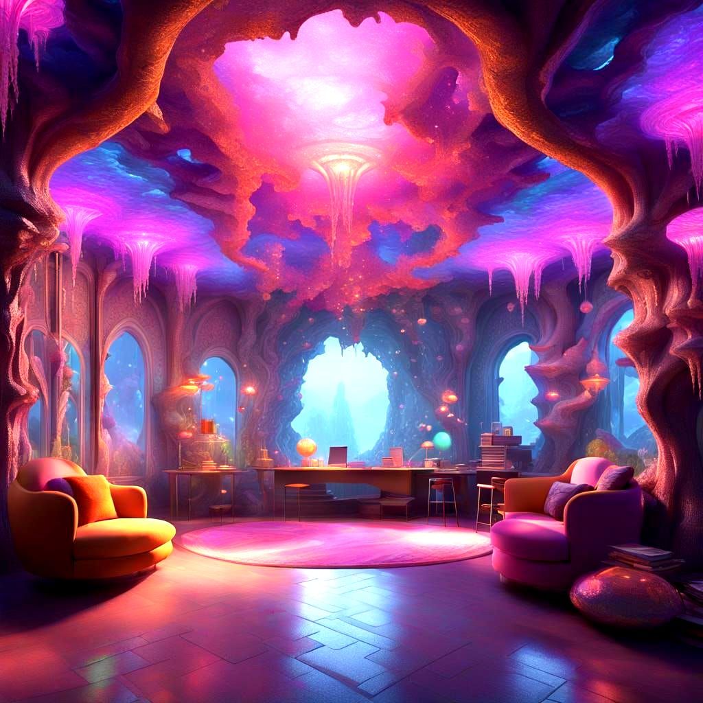 Fairy Queen in Neon Jewelry Room: Surreal Digital Art